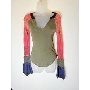 We The Free Womens Color Blocked Long Sleeve V Neck Ribbed Knit Top Petite Small